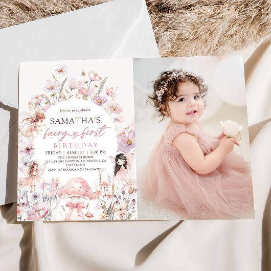 Pink Floral Fairy First Birthday Photo Invitation Kaart