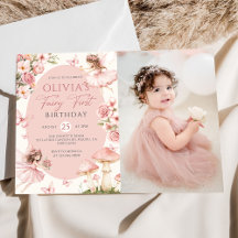 Pink Floral Fairy First Birthday Photo Invitation