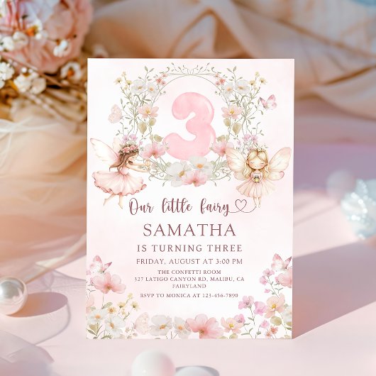 Pink Floral Fairy Garden 3rd Birthday Invitation Kaart