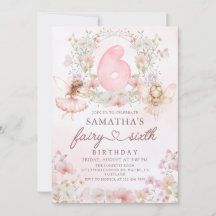 Pink Floral Fairy Garden 6th Birthday Invitation