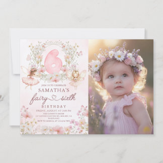 Pink Floral Fairy Garden 6th Birthday Photo Kaart