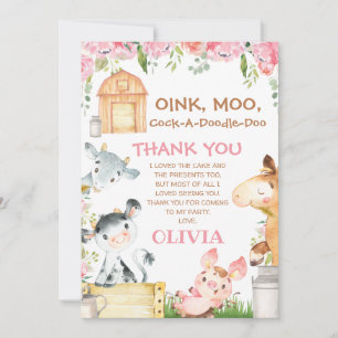 Pink Floral Farm Barnyard Carte de remerciements d