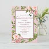 Pink Floral Feuil Quinceanera Invitation (Debout devant)