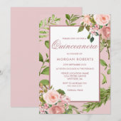 Pink Floral Feuil Quinceanera Invitation (Devant / Derrière)