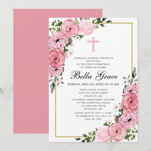 Pink Floral First Community Invitation Kaart (Voorkant / Achterkant)