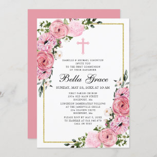 Pink Floral First Community Invitation Kaart