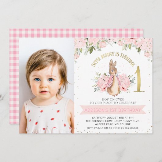 Pink Floral Flopsy Bunny Rabbit 1st Foto Birthday Kaart (Voorkant / Achterkant)