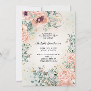 Pink Floral Foliage Gold Glitter 21st Birthday Kaart