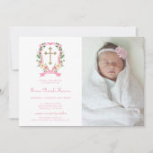 Pink Floral Foto Baptisme Invitation Kaart (Voorkant)