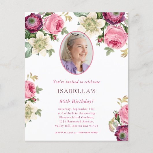 Pink Floral | Foto Budget Verjaardag Uitnodiging (Voorkant)