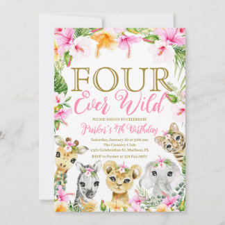 Pink Floral Four Ever Wild Oerwoud Birthday Girl Kaart