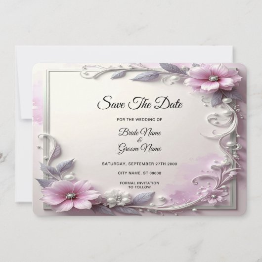 Pink Floral Frame Save The Date (Voorkant)