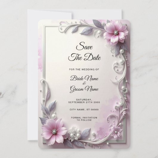 Pink Floral Frame Save The Date (Voorkant)