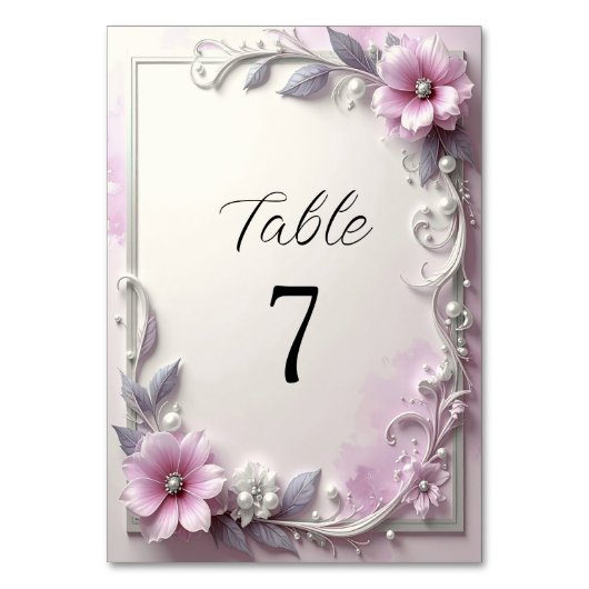 Pink Floral Frame Table Number Kaart (Voorkant)
