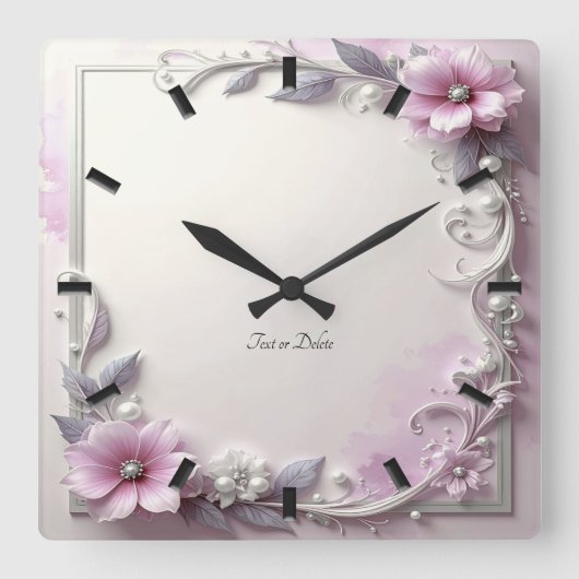 Pink Floral Frame Wall Clock Vierkante Klok (Voorkant)