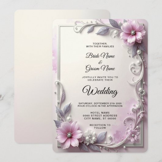 Pink Floral Frame Wedding Invitation Kaart (Voorkant / Achterkant)
