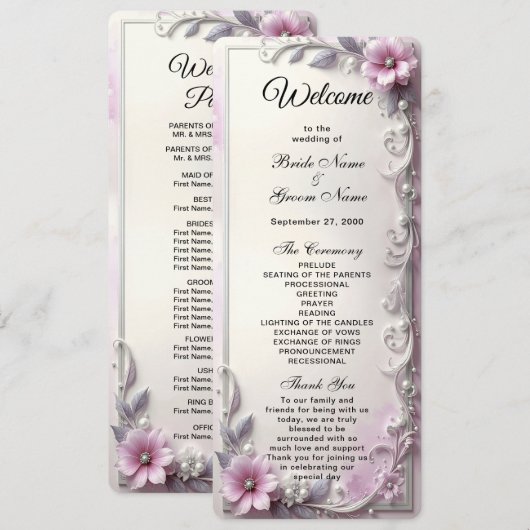 Pink Floral Frame Wedding Programma (Voorkant / Achterkant)