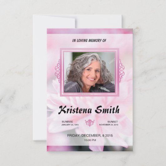 Pink Floral Funeral Program Card Template Kaart (Voorkant)
