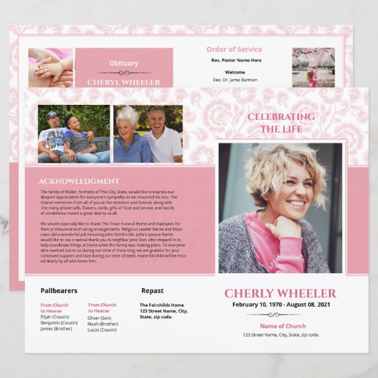 Pink Floral Funeral Program Sjabloon (Voorkant / Achterkant)