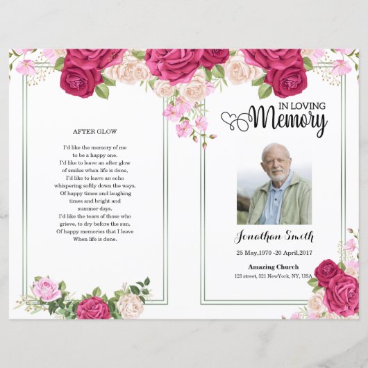 Pink Floral Funeral Programme sjabloon (Voorkant)