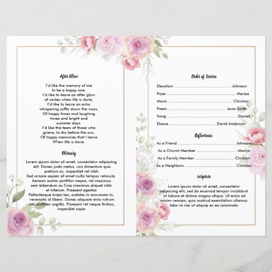 pink Floral Funeral Programme Sjabloon (Achterkant)