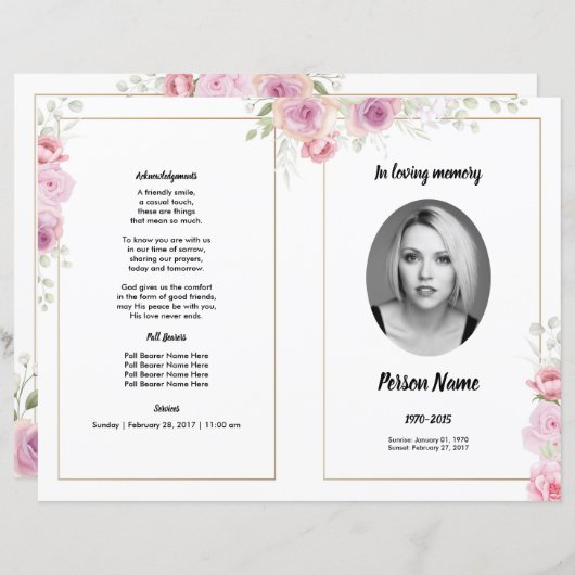 pink Floral Funeral Programme Sjabloon (Voorkant / Achterkant)