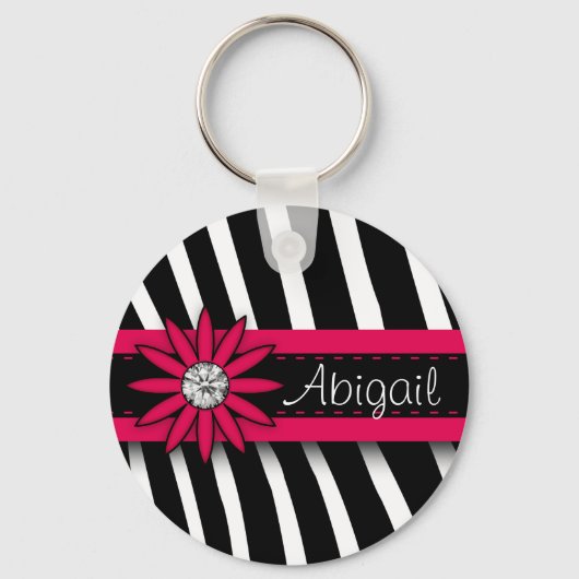Pink Floral Gem en Zebra Pattern Sleutelhanger (Voorkant)