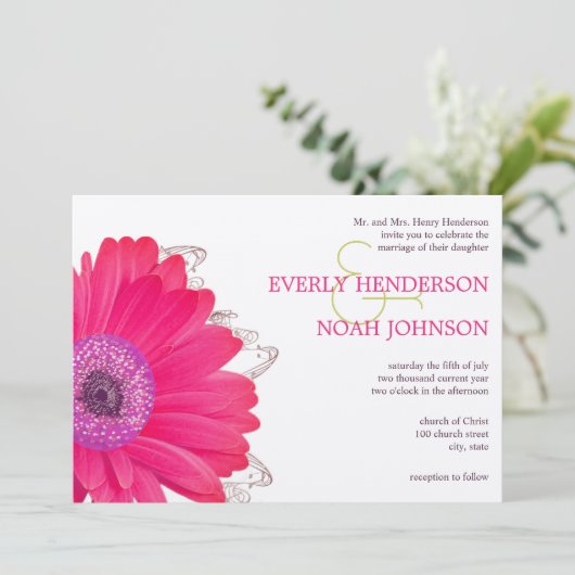 Pink Floral Gerber Daisy Wedding Kaart (Staand voorkant)
