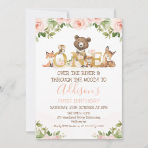Pink Floral Girls Woodland First Birthday Invitati Kaart