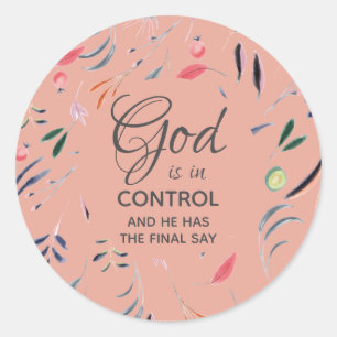 Pink Floral GOD IS IN CONTROLE Christelijk Ronde Sticker