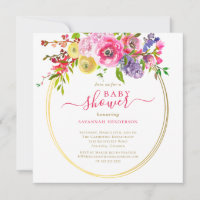 Pink Floral Gold Accents Script Baby shower Invita