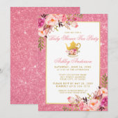 Pink Floral Gold Baby shower Tea Party Invitation  (Devant / Derrière)