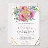 Pink Floral Gold Baptism Invitation Kaart (Voorkant)
