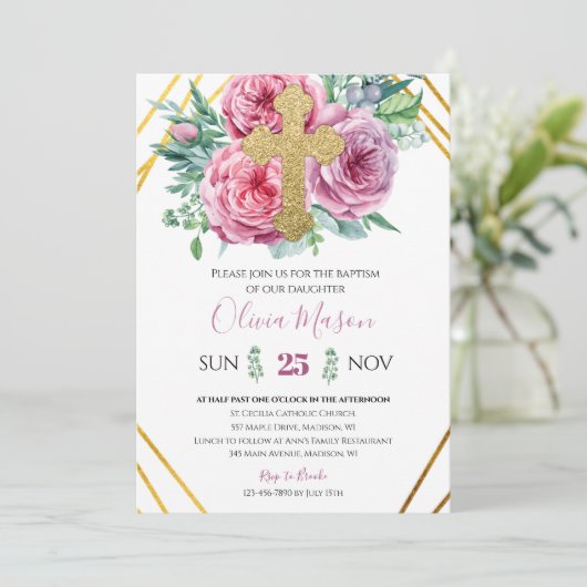 Pink Floral Gold Baptism Invitation Kaart (Staand voorkant)