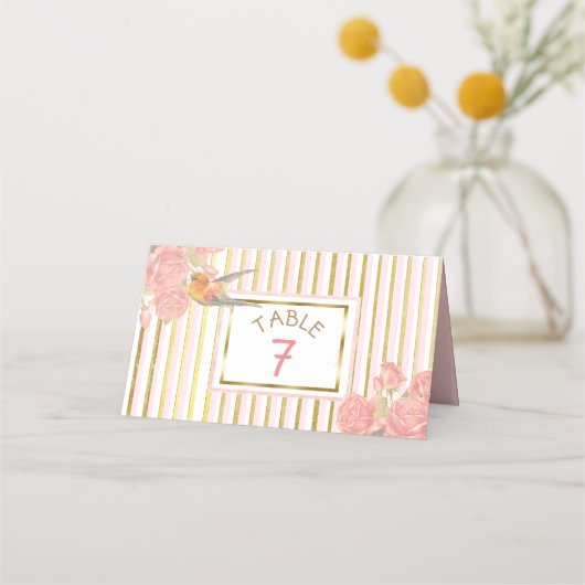 PInk Floral Gold Bird Wedding Table Number (Voorkant)