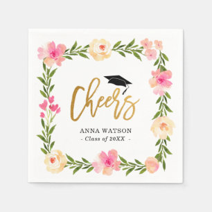Pink Floral Gold Cheers Custom Graduparty Servet