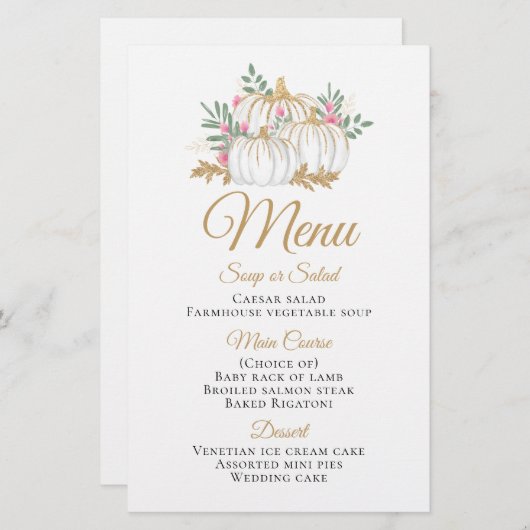 Pink Floral Gold Citrouille Menu Mariage de automn (Devant / Derrière)