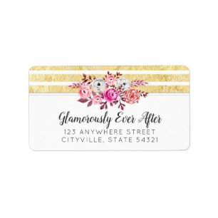 Pink Floral & Gold Glam Waterverf Moderne Stripe Etiket