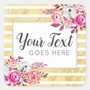 Pink Floral & Gold Glam Waterverf Moderne Stripe Vierkante Sticker