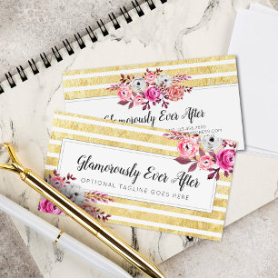 Pink Floral & Gold Glam Waterverf Moderne Stripe Visitekaartje