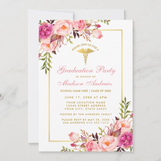Pink Floral Gold Médicale Grad Party Invitation (Devant)