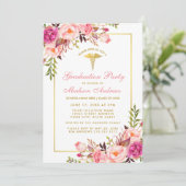 Pink Floral Gold Médicale Grad Party Invitation (Debout devant)