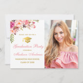 Pink Floral Gold Photo Graduation Party Invitation (Devant)