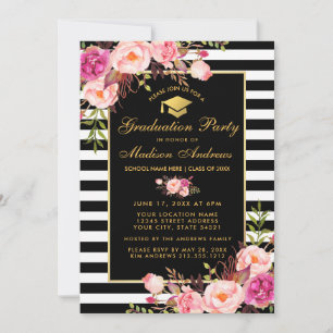 Pink Floral Gold Striped Invitation de la fête de