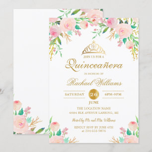 Pink Floral Gold Tiara Quinceañera 15e verjaardag Kaart
