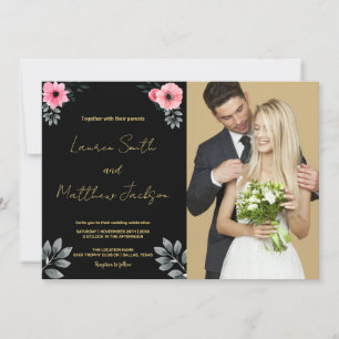 Pink Floral Golden Wedding Invitations avec photo