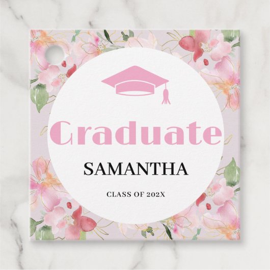 Pink Floral Graduation  Bedankjes Labels (Voorkant)