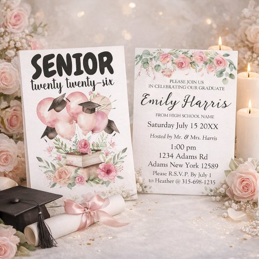 Pink Floral Graduation Party Invitation