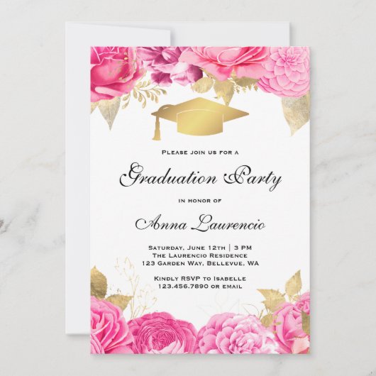 Pink Floral Graduation Party Kaart (Voorkant)