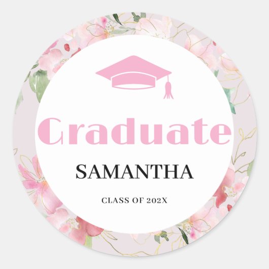 Pink Floral Graduation  Ronde Sticker (Voorkant)
